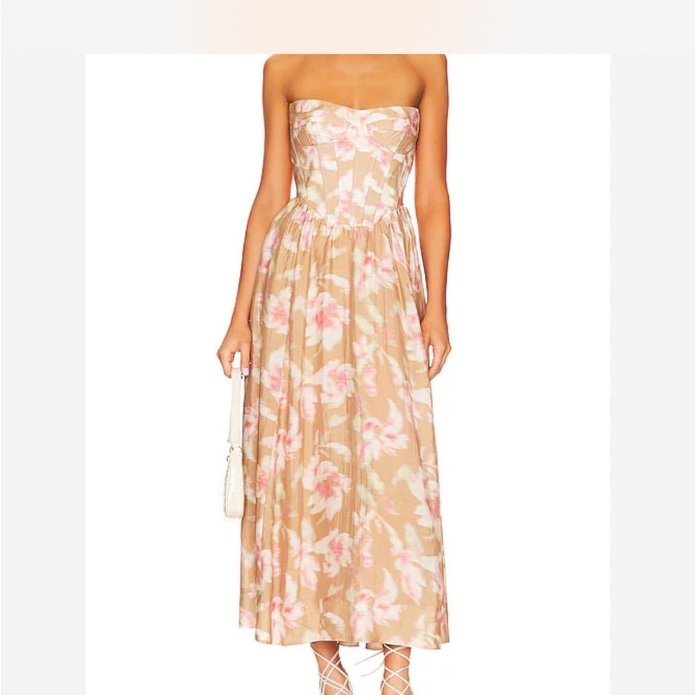 Bardot Strapless Dress in Pink and Cream Floral